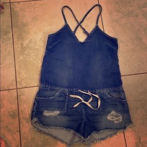 Comfy Distressed Denim Romper w/ Drawstring